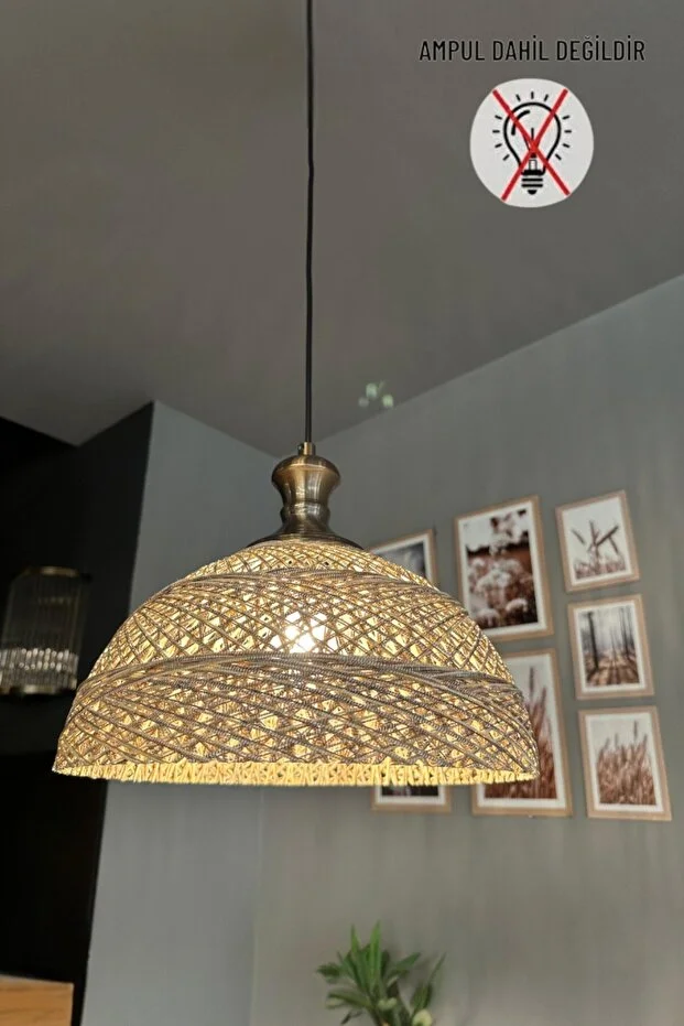 Bohem Recycle İplik Jüt El Yapımı Alaca Ekru İplik Eskitme Tokmak Başlık Tekli Avize